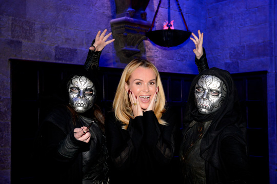 Amanda Holden with a Deatheater on Diagon Alley at Warner Bros. Studio Tour London – The Making of Harry Potter, Dark Arts area open now